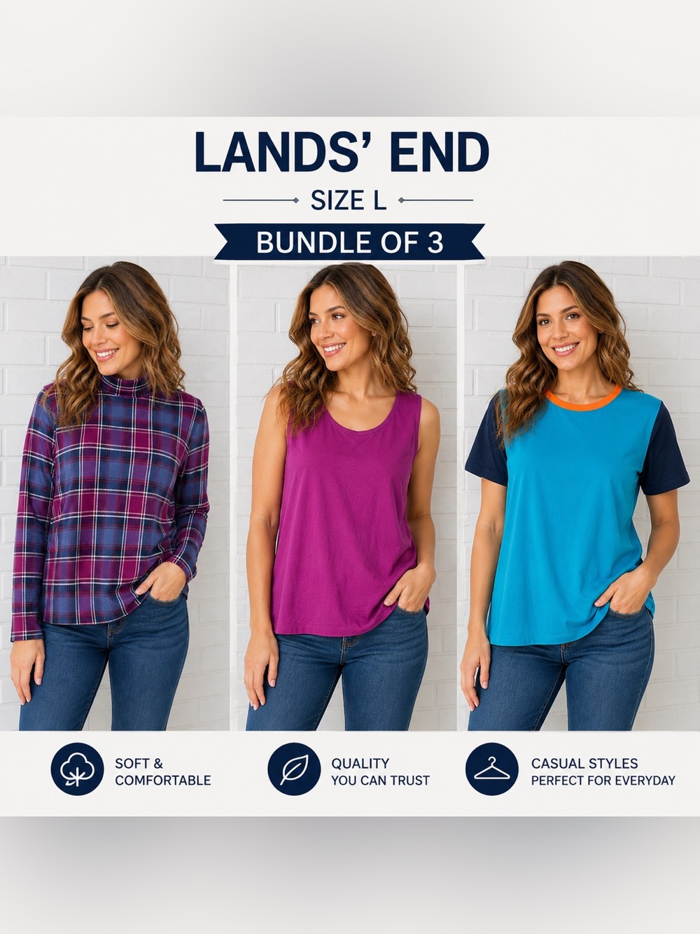 Lands' End Women's Bundle of 3 Tops Size LP Tank, Floral Sleeveless & Plaid